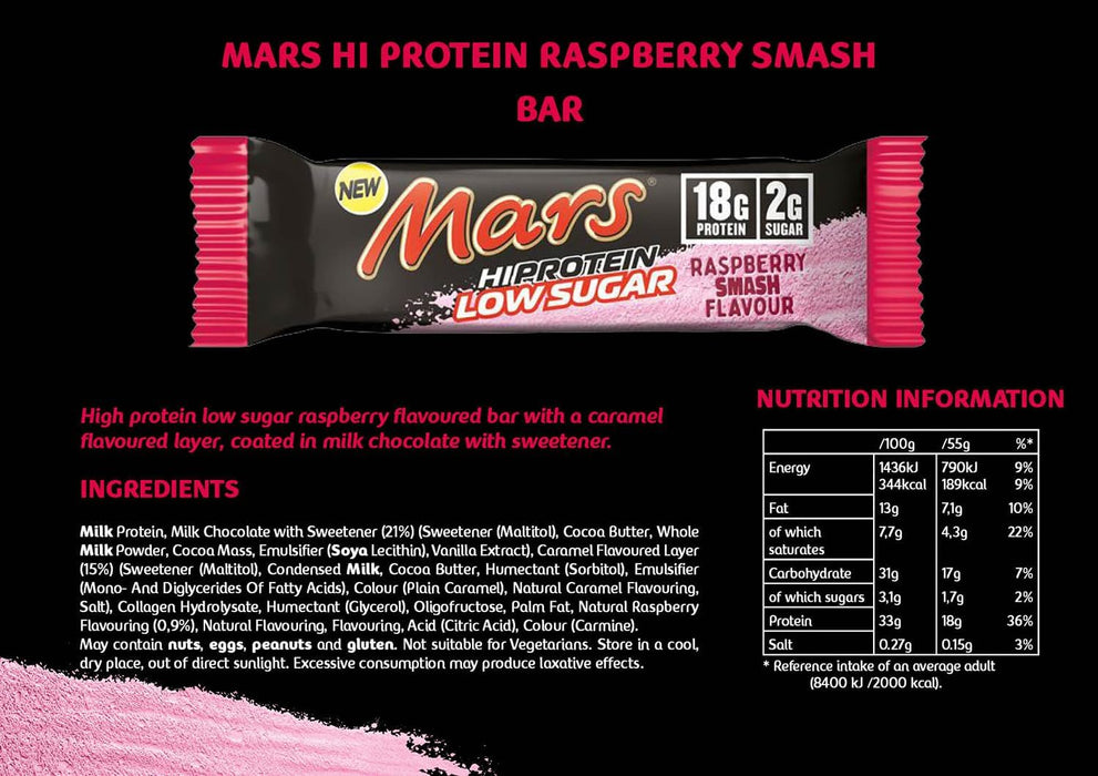 Mars Hi Protein Low Sugar 12x55g Raspberry Smash