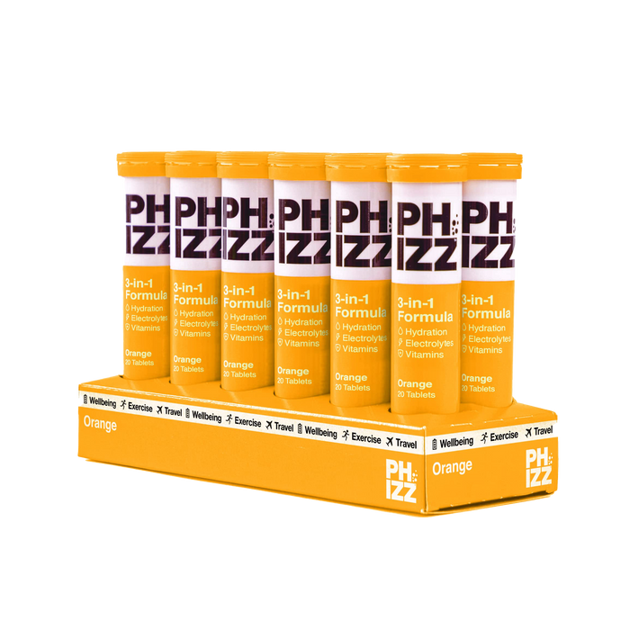 Phizz 2-in-1-Multivitamin- und Rehydrationselektrolyt-Brausetabletten, 12 x 20 Tabs, Orange