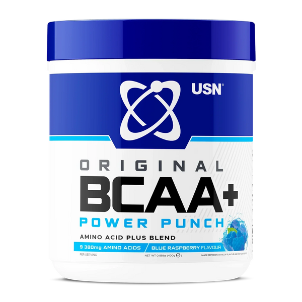 Blue and white USN BCAA Power Punch container with blue raspberry flavor for muscle growth