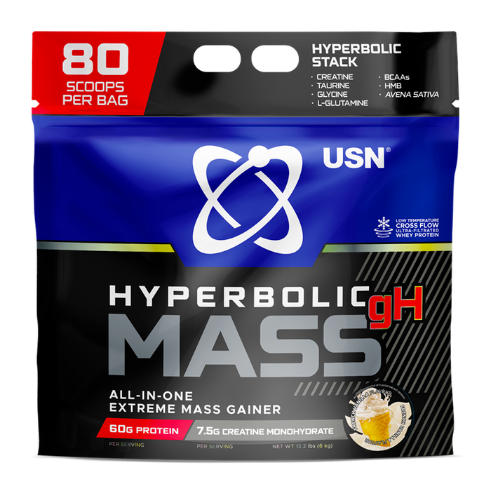 USN Hyperbolic Mass Strawberry 6 kg: Hochkalorisches Mass Gainer-Proteinpulver für schnelle Muskelmasse und Gewichtszunahme mit zusätzlichem Kreatin und Vitaminen