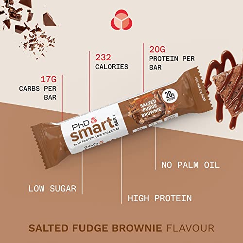PhD Nutrition | Smart Bar | High Protein Low-Sugar Indulgent Chocolate-Coated Protein Bars | 20 g Protein 238 Calories | Salted Fudge Brownie 12 Bars | High-Quality Protein Bars | MySupplementShop.co.uk