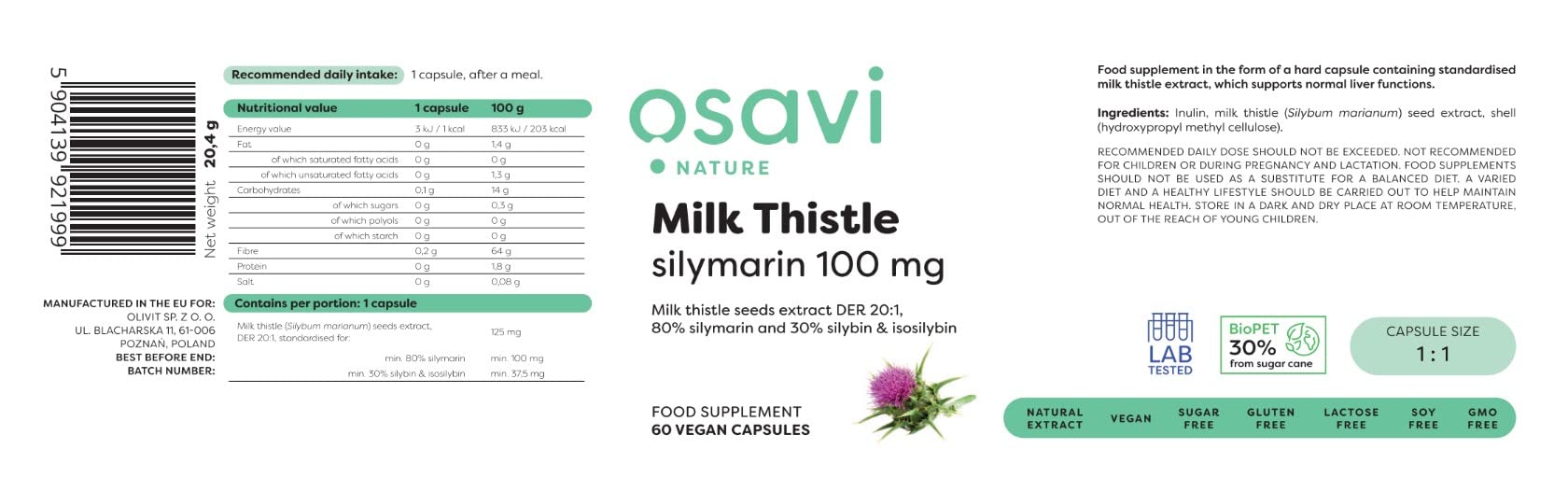 Osavi Milk Thistle, Silymarin 100mg - 60 vegan caps | High-Quality Combination Multivitamins & Minerals | MySupplementShop.co.uk