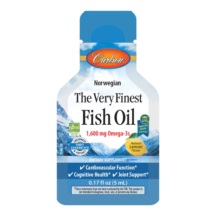 Carlson Labs The Very Finest Fish Oil - 1600mg Omega-3s, Natural Lemon (Pouch of Packets) - 15 x 5 ml. | High-Quality Fish Oils | MySupplementShop.co.uk