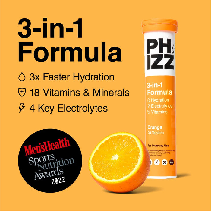 Phizz 2-in-1-Multivitamin- und Rehydrationselektrolyt-Brausetabletten, 12 x 20 Tabs, Orange