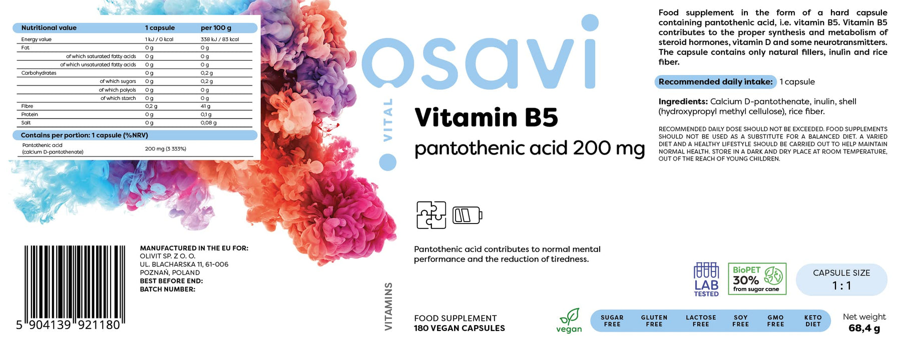 Osavi Vitamin B5 Pantothenic Acid, 200mg - 180 vegan caps | High-Quality Vitamin B6 | MySupplementShop.co.uk