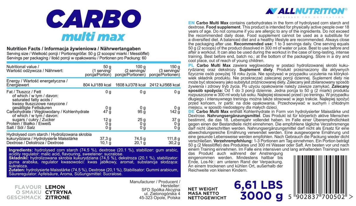 Allnutrition Carbo Multi Max, Lemon - 3000 grams | High-Quality Weight Gainers & Carbs | MySupplementShop.co.uk