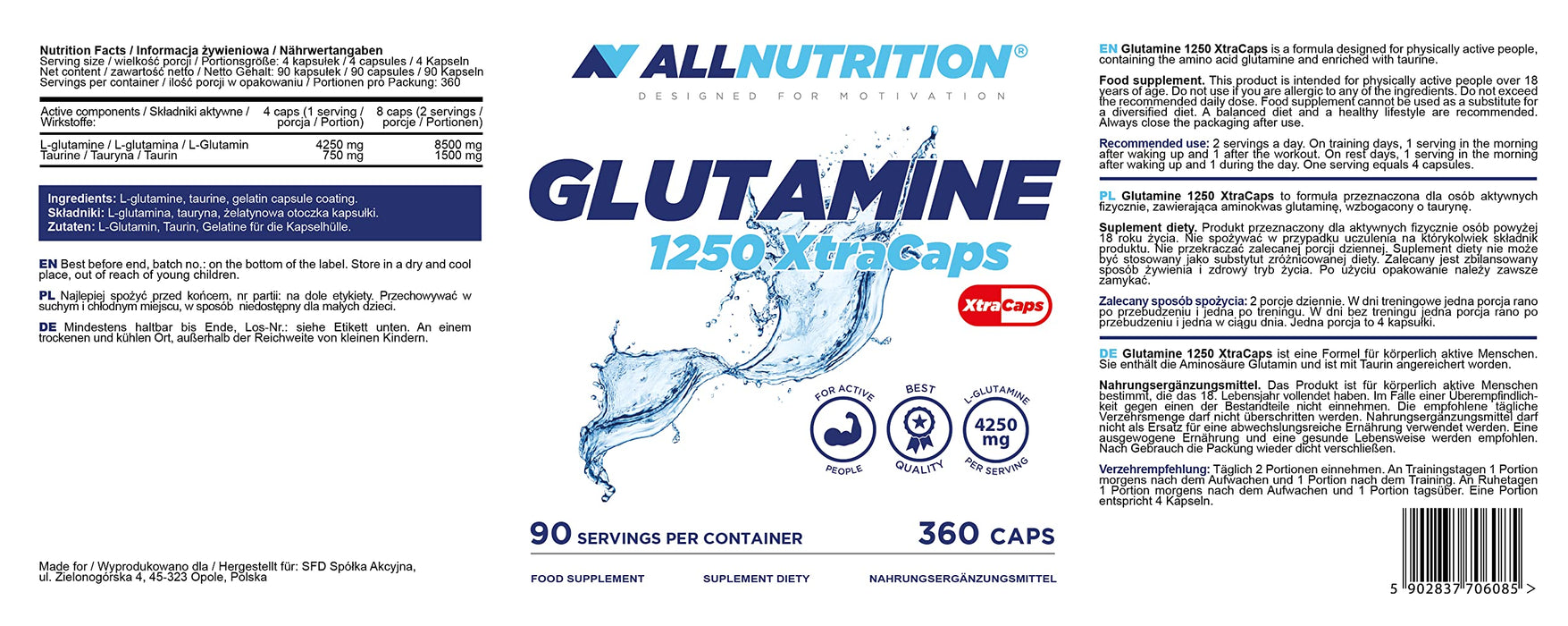Allnutrition Glutamine 1250 XtraCaps, 4250mg - 360 caps | High-Quality L-Glutamine | MySupplementShop.co.uk